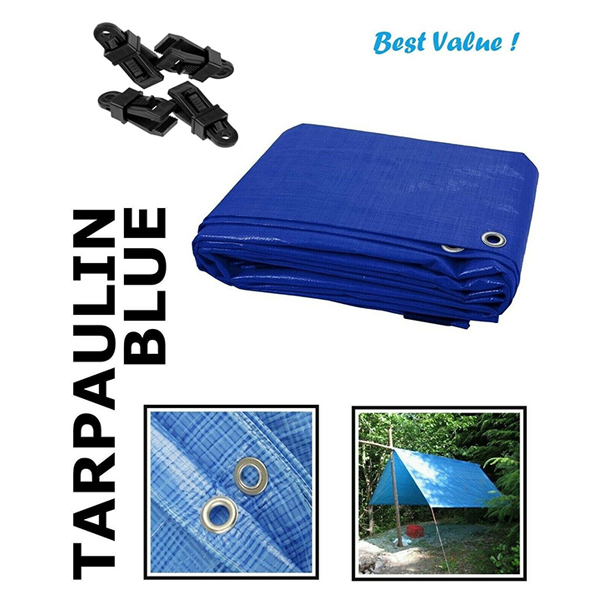 60GSM Blue Tarpaulin Waterproof Cover Tarp Ground Sheet + 4 Tarp Clips