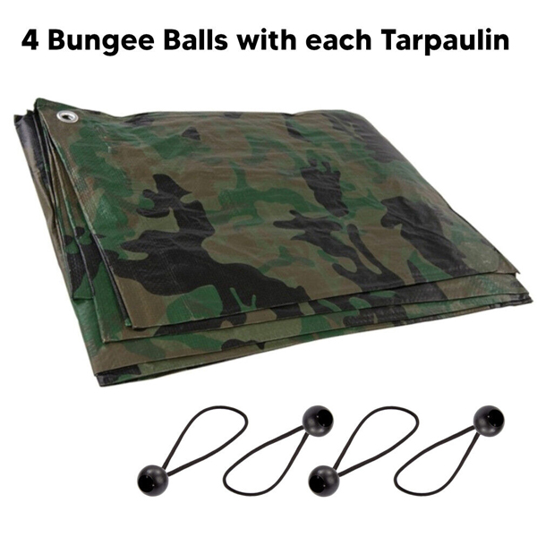 85 gsm Waterproof Camo Tarpaulin Cover Ground Sheet Tent With 4 Bungee Balls 